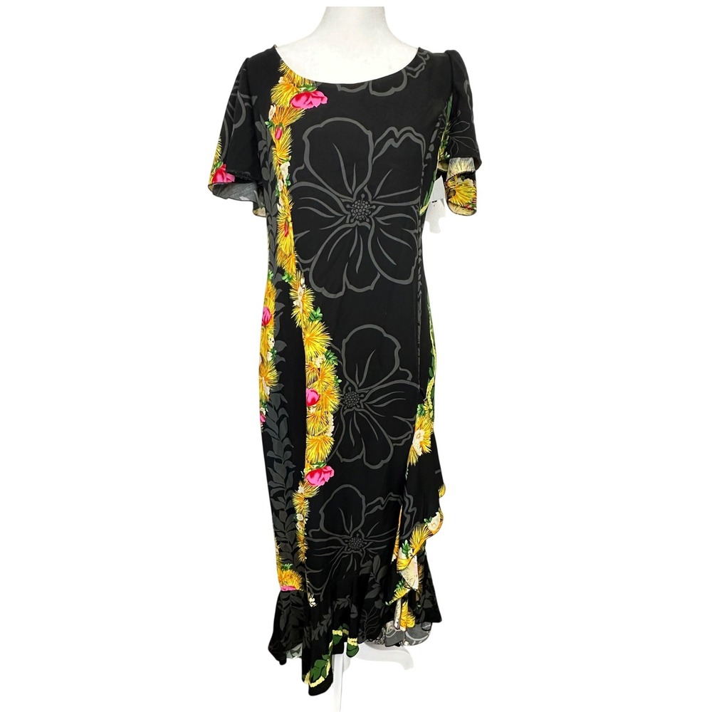 Hilo Hattie Ohia Hawaiian Ruffle Floral Maxi Dress S Black Tropical Luau NWT
